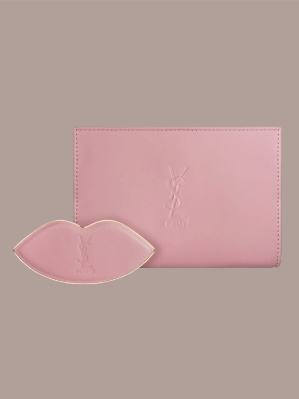 Light-Pink YSL (Yves Saint Laurent) Beauty Cosmetic Bag + Lip-Shaped Mirror SET